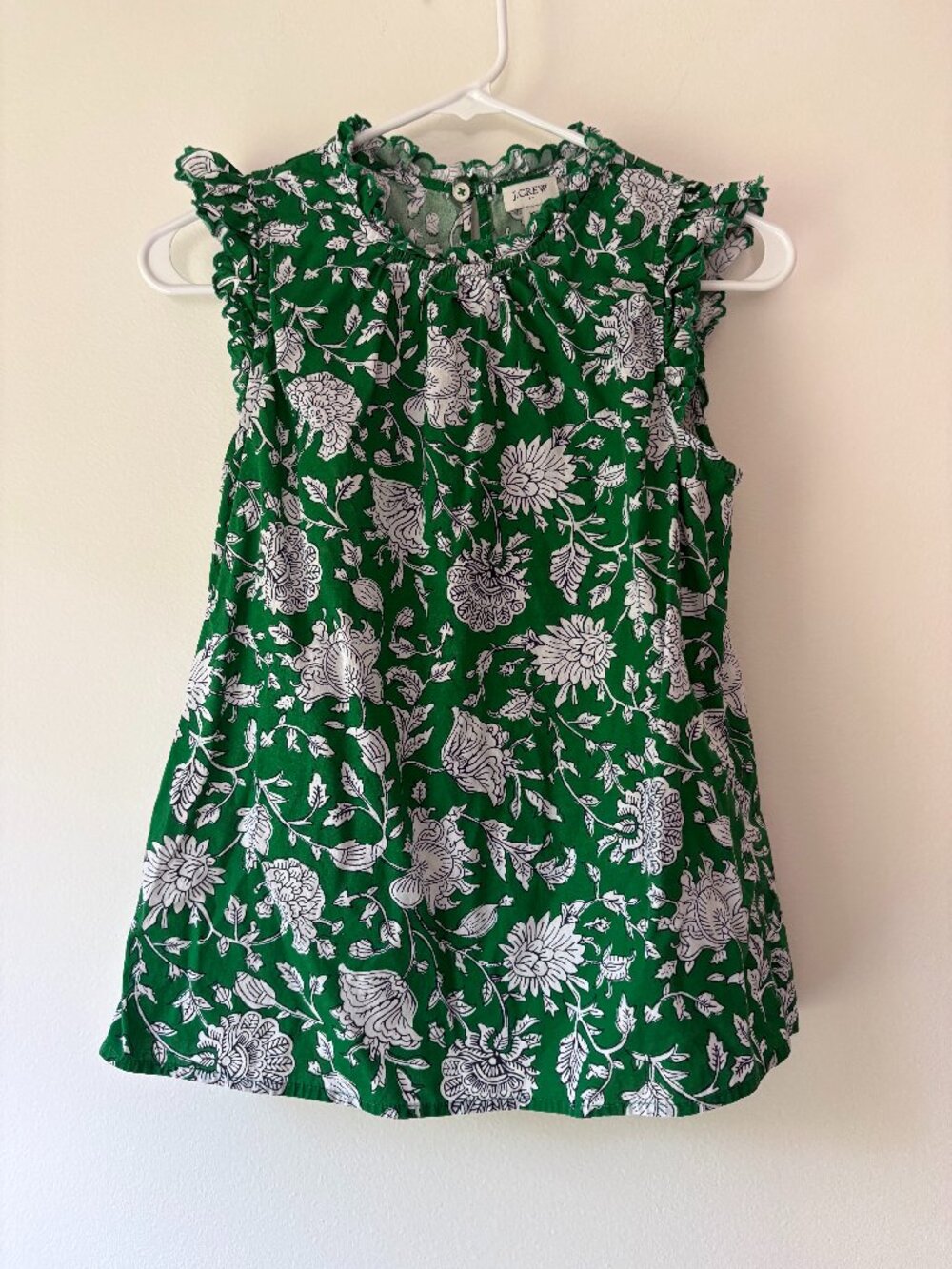 J Crew Green White Floral Sleeveless Ruffle Mock Neck Blouse XS